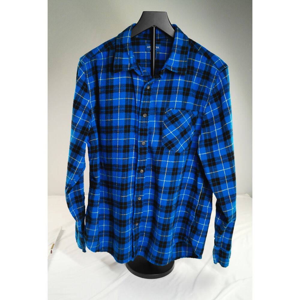 Arizona Jean Co Men’s Flannel Shirt Large Blue Black Plaid Cotton Button Up
